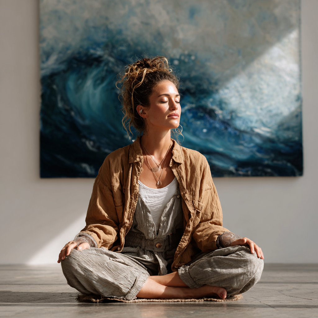 Adult woman practicing mindful meditation in serene studio environment