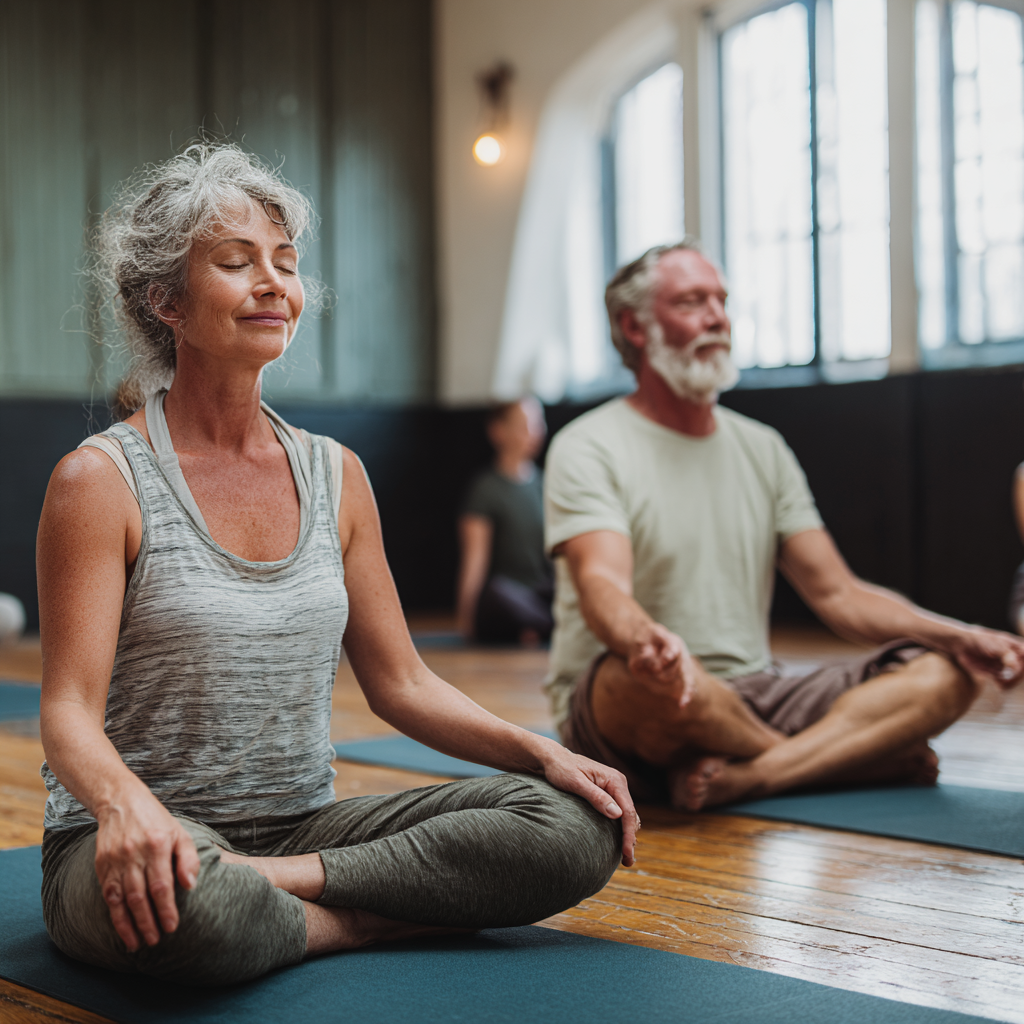 Peaceful yoga studio space with mature practitioners in comfortable poses